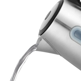 Russell Hobbs Classics Illuminated Kettle in silver, close-up of spout pouring water with blue illuminated water window visible