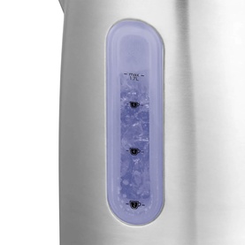 Russell Hobbs Classics Illuminated Kettle in silver, close-up of illuminated purple water level window with fill indicators