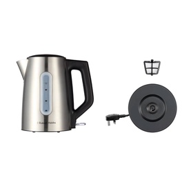 Russell Hobbs Classics Illuminated Kettle in silver stainless steel, shown with removable limescale filter and 360&deg; base