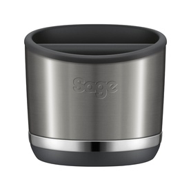 Sage stainless steel knock box with black rubber rim, compact cylindrical design with embossed logo