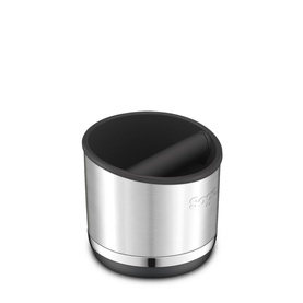 Compact cylindrical stainless steel and black portable speaker with polished silver body and matte black top panel