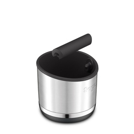 Polished stainless steel ice bucket with black lid and integrated tongs, compact cylindrical design with branded detailing