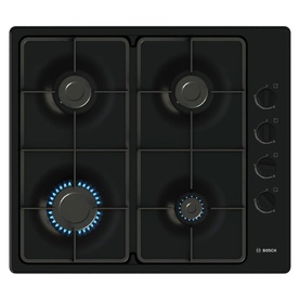 Bosch Series 2 60cm Black Enamel Gas Hob with 4 burners on black enamel surface, one burner lit with blue flame, side controls