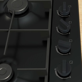 Bosch Series 2 60cm Black Enamel Gas Hob close-up showing four control knobs and gas burner on black enamel surface.