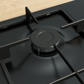 Bosch Series 2 60cm Black Enamel Gas Hob, close-up of black cast iron burner cap and pan support on matte black surface