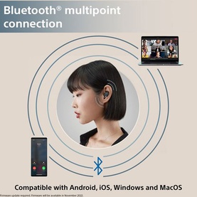 Sony Linkbuds True Wireless Earbuds White worn by model, shown with Bluetooth multipoint connection graphic linking phone and laptop