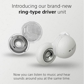 Sony Linkbuds True Wireless Earbuds in white, exploded view highlighting the ring-type driver unit design with open-ring speaker structure.