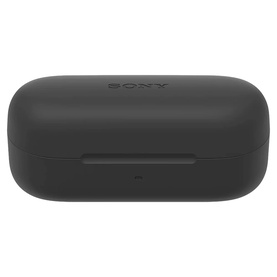 Sony In-Ear True Wireless Earbuds in black, closed charging case with Sony logo, matte finish