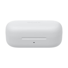 Sony In-Ear True Wireless Earbuds white charging case, closed, with LED indicator on front, top-down view