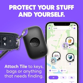 Tile by Life360 Pro Bluetooth Tracker in black attached to car keys, shown with smartphone displaying family location tracking map.