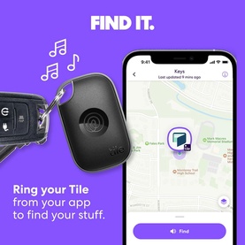 Tile by Life360 Pro Bluetooth Tracker in Black attached to keys, shown with smartphone app displaying item location on map.