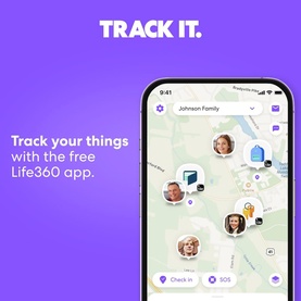 Tile by Life360 Pro Bluetooth Tracker app shown on smartphone screen displaying family location map with profile icons on purple background.