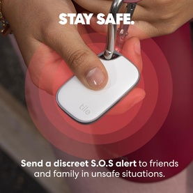 Tile by Life360 Pro Bluetooth Tracker Black attached to a keyring, shown with Stay Safe SOS alert feature messaging