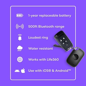 Tile by Life360 Pro Bluetooth Tracker in Black, shown with key features: 1-year battery, 500ft range, loud ring, water resistant, iOS & Android