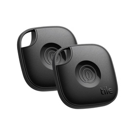Tile Pro Bluetooth tracker in black, pack of 2, square shape with rounded corners and central button detail