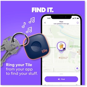 Tile tracker in navy blue on a keyring beside a smartphone showing the Tile app map view, with "Find It" branding and feature callout text.