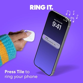 Tile tracker held in hand next to smartphone displaying notification, with "Press Tile to ring your phone" text on purple background