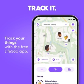 Life360 app screen showing family location tracking map with check-in and SOS features, on purple branded background
