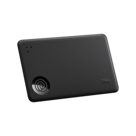 Tile by Life360 Slim Bluetooth Wallet Tracker in black, card-shaped design with speaker grille and LED indicator