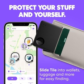 Tile by Life360 Slim Bluetooth Wallet Tracker in black, shown inside a wallet beside a phone displaying the tracking map app.