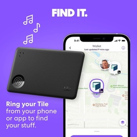 Tile by Life360 Slim Bluetooth Wallet Tracker in black, shown with paired smartphone app displaying map location and Find It messaging.