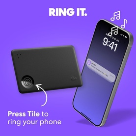 Tile by Life360 Slim Bluetooth Wallet Tracker in black, shown with smartphone displaying ring alert notification on purple background.