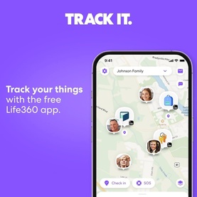 Tile by Life360 Slim Bluetooth Wallet Tracker Black shown via Life360 app on smartphone displaying family location tracking map