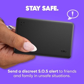Tile by Life360 Slim Bluetooth Wallet Tracker in black, held in hand, shown with SOS alert messaging on purple background.