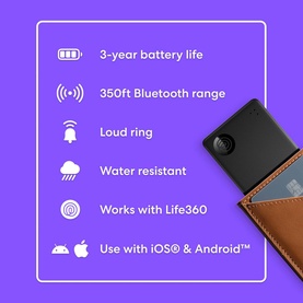 Tile by Life360 Slim Bluetooth Wallet Tracker in black, shown inside a tan leather wallet with feature icons: 3-year battery, 350ft range, loud ring.