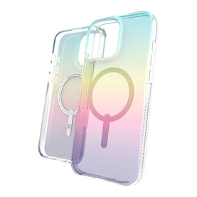 Zagg Milan Snap iPhone 16 Pro Max Case in iridescent multi-colour with MagSafe ring, clear back panel and slim profile.