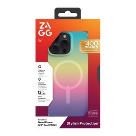 Zagg Milan Snap iPhone 16 Pro Max Case in multicolour rainbow gradient with MagSafe ring, shown in packaging