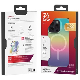 Zagg Milan Snap Apple iPhone 16 Pro Case in multicolour iridescent finish, shown front and back in retail packaging.