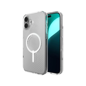 Zagg Luxe Snap Graphene-Reinforced Case for iPhone 16 Plus in clear, with MagSafe ring and textured diagonal stripe detail
