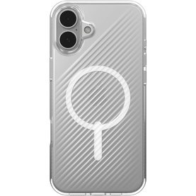 Zagg Luxe Snap Graphene-Reinforced Case for iPhone 16 Plus in clear, with diagonal ribbed texture and MagSafe ring detail