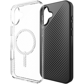 Zagg Luxe Snap Graphene-Reinforced Case for iPhone 16 Plus in clear, shown alongside a black ribbed protective case variant.