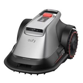 Eufy Robot Lawn Mower E18 1200 UK in grey, compact robotic design with black wheels and red emergency stop button