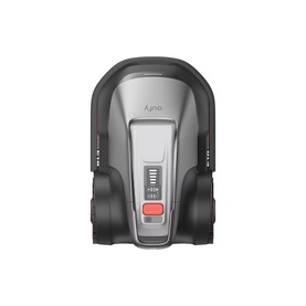 Eufy Robot Lawn Mower E18 1200 UK in grey, top-down view showing charging contacts and control panel.