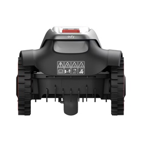 Eufy Robot Lawn Mower E18 1200 UK in grey, rear view showing warning labels, tracked wheels and cutting blade housing.