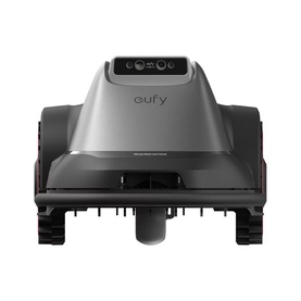 Eufy Robot Lawn Mower E18 1200 UK in grey, front-facing view showing sensor array and brush housing unit.