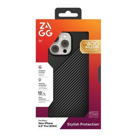 Zagg Luxe Snap iPhone 16 Pro Max Black Case in packaging, featuring diagonal ribbed texture and drop protection details on label.