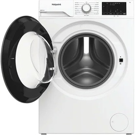 Hotpoint 8kg 1400 Spin Anti Stain Washing Machine in white, front-loading with open black door and digital control panel.