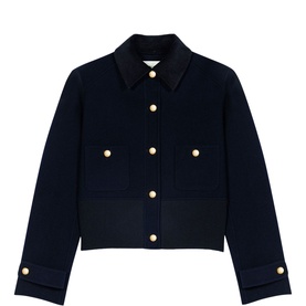 Maje cropped navy jacket with black collar, gold buttons, front patch pockets and button cuffs