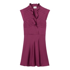 Claude Pierlot Womens French Dress in purple, sleeveless fit-and-flare style with ruffle neckline and pleated bodice detail