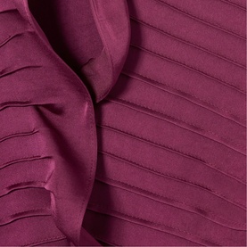 Claude Pierlot purple women's dress, close-up of pleated fabric detail with ruffle neckline trim.