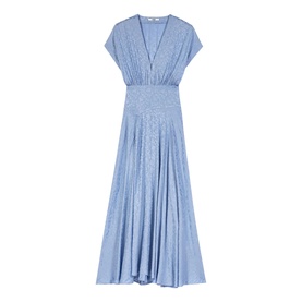 Light blue V-neck maxi dress with short sleeves, elasticated waist, and flared pleated skirt in a metallic shimmer fabric