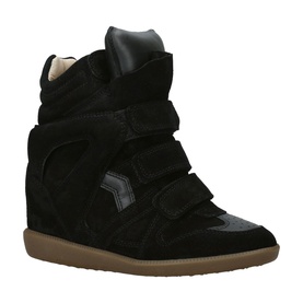 Isabel Marant black suede wedge hi-top trainers with triple velcro straps and tan rubber sole