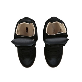 Isabel Marant black high-top trainers, overhead view showing cream padded lining, velcro strap, and gum sole