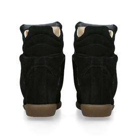 Isabel Marant black suede wedge sneakers, rear view, cream lining and tan gum rubber sole visible