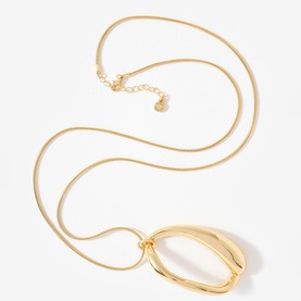 Gold-tone long snake chain necklace with large open oval sculptural pendant and lobster clasp fastening