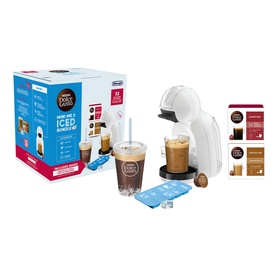 Delonghi Mini Me 2 Iced Creations Bundle in white, with capsule pods, iced coffee drinks and accessories shown alongside machine
